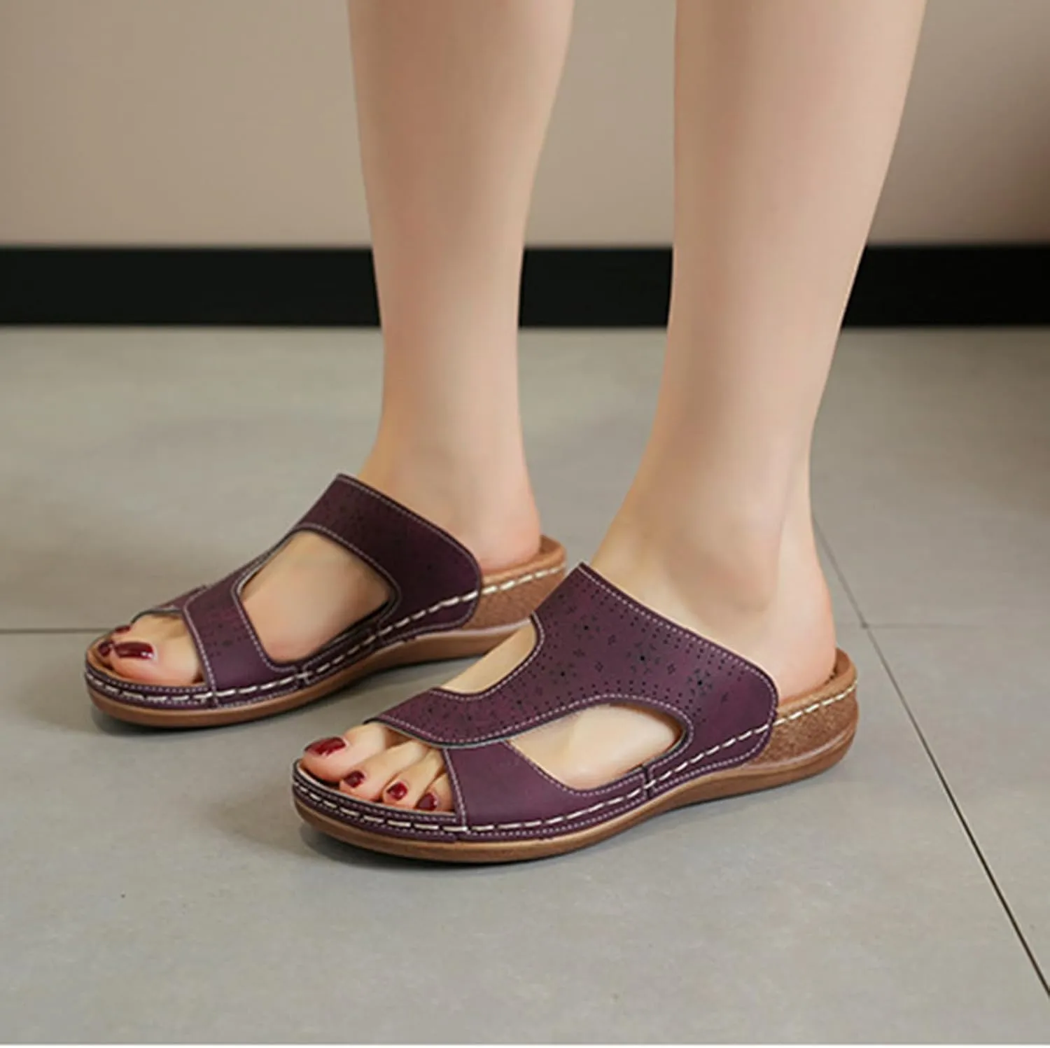 Platform Sandals Women Summer Orthopedic Arch Support Flat Slip on Wide Width Damping Sole Upgradation Stretch Lightweight Heels Diabetic Walking Shoes Dressy Flip Flops Leather Wedge