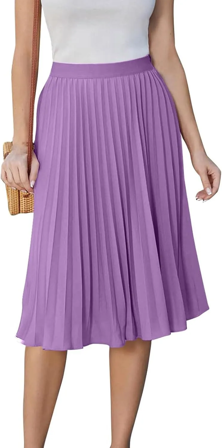 Pleated Knee Length Skirts for Women Dressy Casual High Waisted A Line Skirt Flowy Summer Beach Outfits 2025
