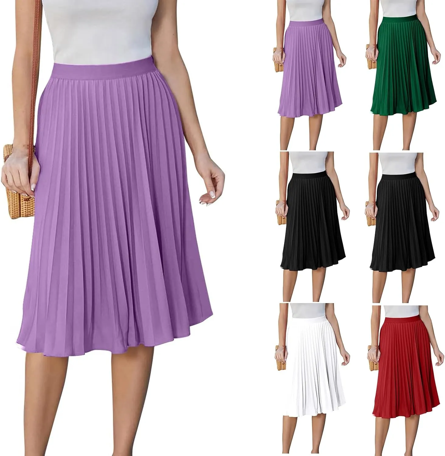 Pleated Knee Length Skirts for Women Dressy Casual High Waisted A Line Skirt Flowy Summer Beach Outfits 2025