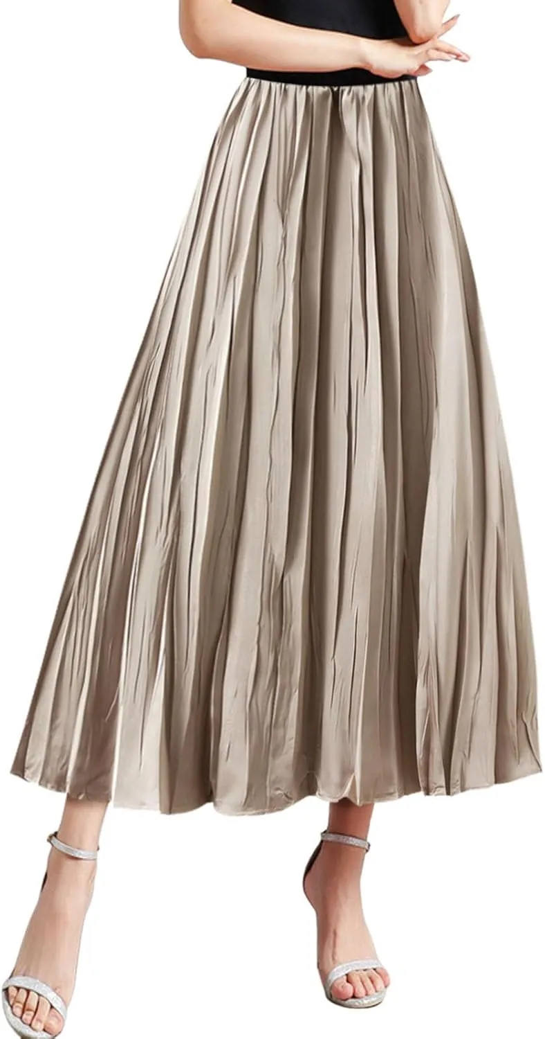 Pleated Midi Skirts for Women 2025 Summer Solid Color Flowy Swing A-Line Elastic Waisted Long Skirt