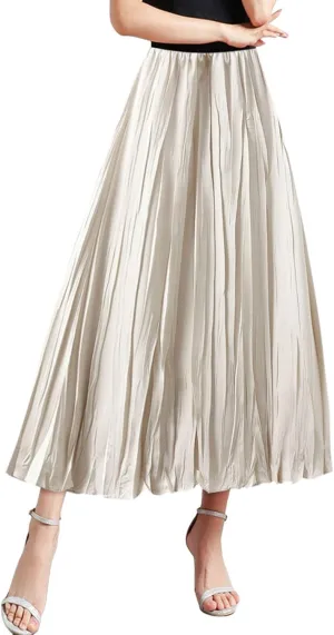 Pleated Midi Skirts for Women 2025 Summer Solid Color Flowy Swing A-Line Elastic Waisted Long Skirt