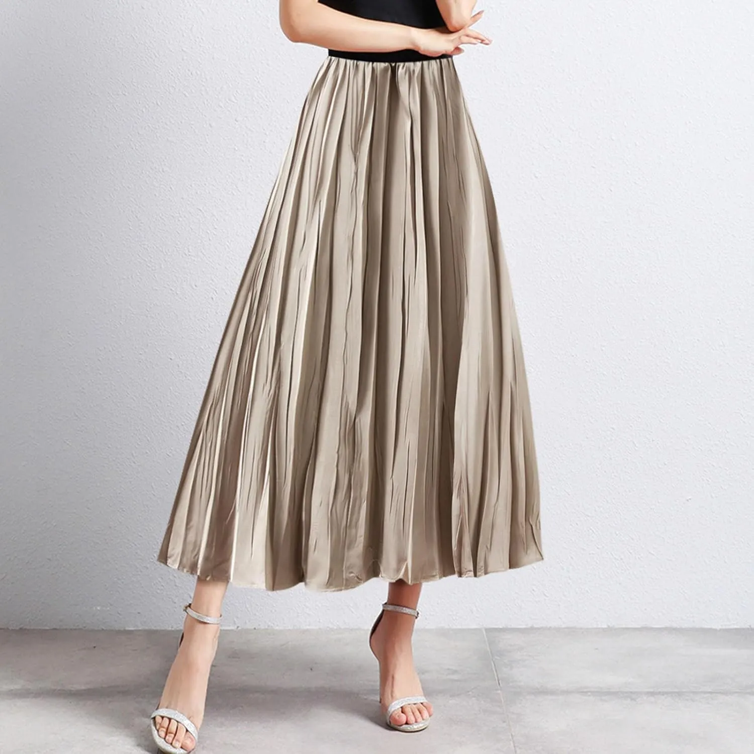 Pleated Midi Skirts for Women 2025 Summer Solid Color Flowy Swing A-Line Elastic Waisted Long Skirt