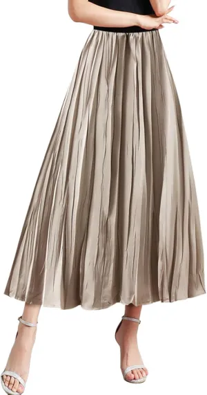Pleated Midi Skirts for Women 2025 Summer Solid Color Flowy Swing A-Line Elastic Waisted Long Skirt