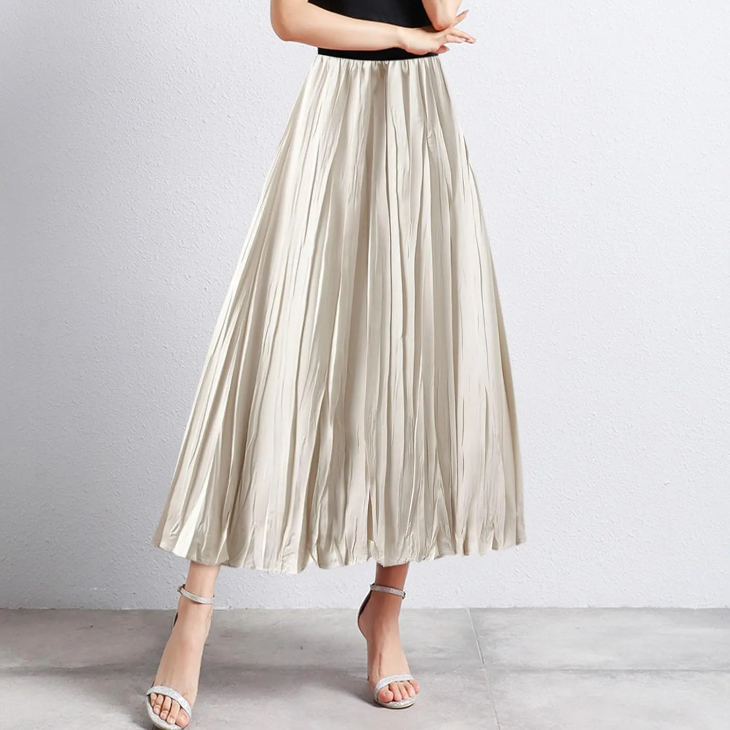 Pleated Midi Skirts for Women 2025 Summer Solid Color Flowy Swing A-Line Elastic Waisted Long Skirt