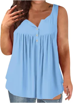 Plus Size Tank Tops for Women, Ladies Summer Sleeveless V-Neck Henley Shirts Buttons Up Pleated Front Flowy Tunics