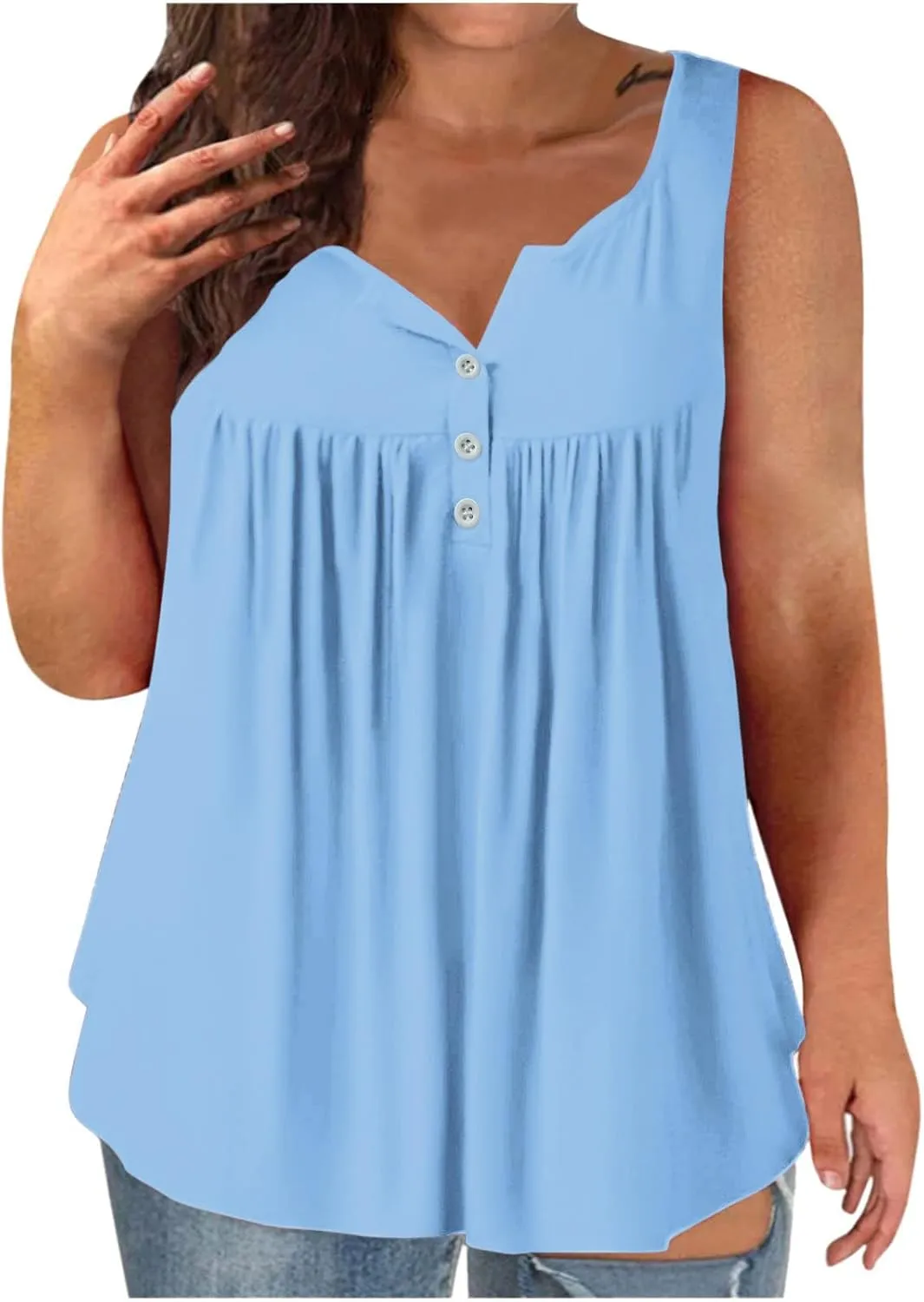 Plus Size Tank Tops for Women, Ladies Summer Sleeveless V-Neck Henley Shirts Buttons Up Pleated Front Flowy Tunics