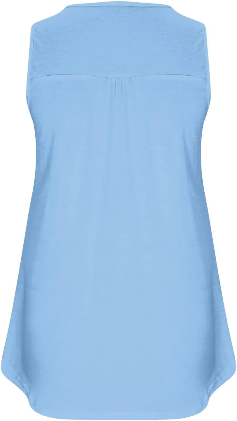 Plus Size Tank Tops for Women, Ladies Summer Sleeveless V-Neck Henley Shirts Buttons Up Pleated Front Flowy Tunics