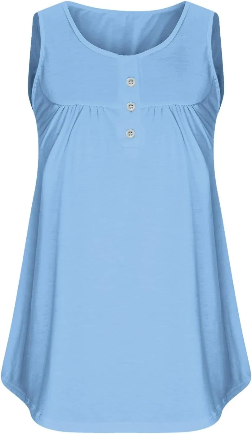 Plus Size Tank Tops for Women, Ladies Summer Sleeveless V-Neck Henley Shirts Buttons Up Pleated Front Flowy Tunics