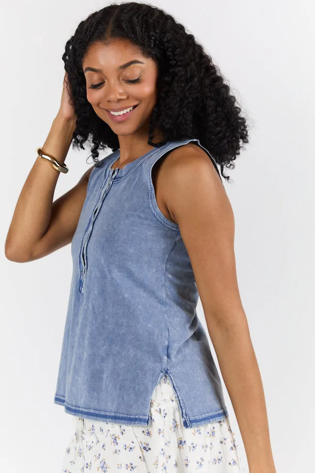 Polished Comfort Blue Acid Wash Henley Tank