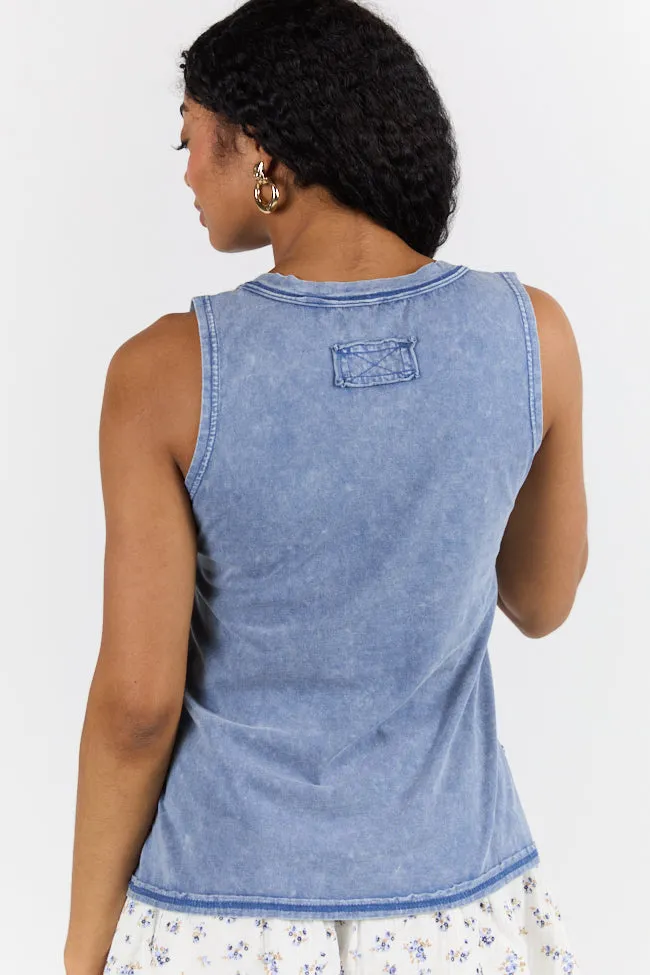 Polished Comfort Blue Acid Wash Henley Tank