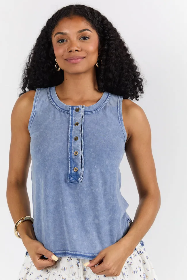 Polished Comfort Blue Acid Wash Henley Tank