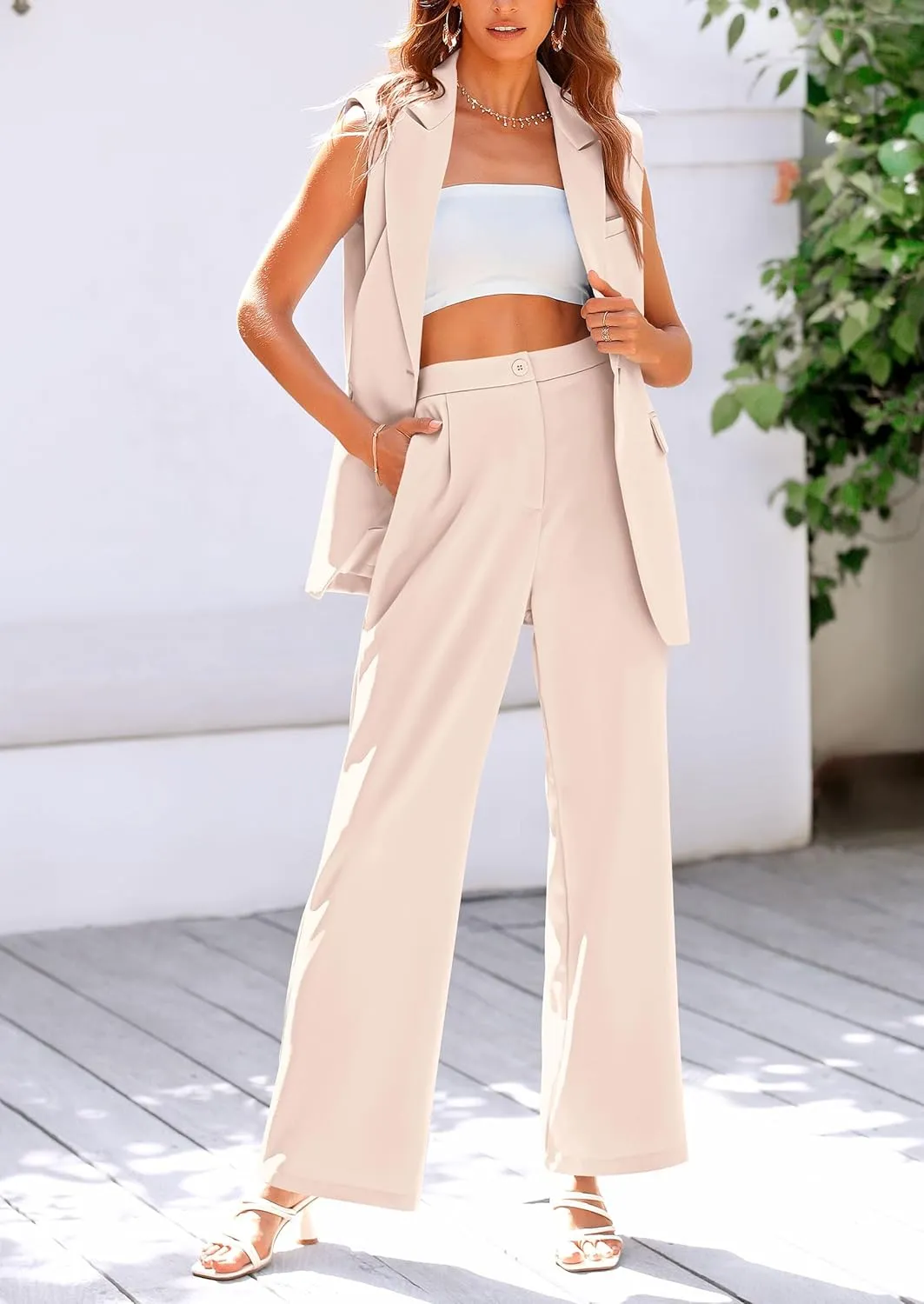 PRETTYGARDEN Women's 2 Piece Outfits Sleeveless Suit Vest and Wide Leg Pants Business Casual Blazer Sets