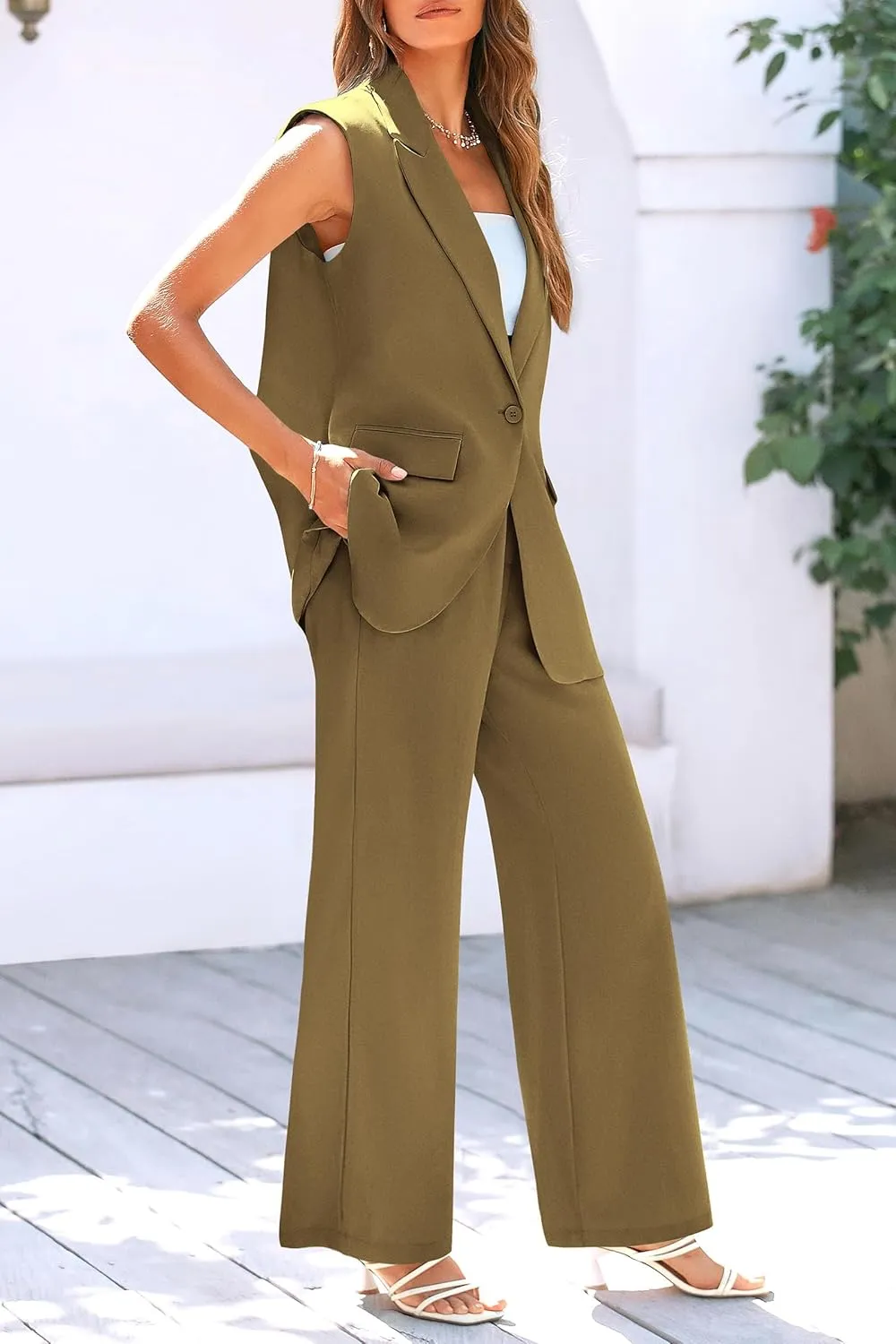 PRETTYGARDEN Women's 2 Piece Outfits Sleeveless Suit Vest and Wide Leg Pants Business Casual Blazer Sets