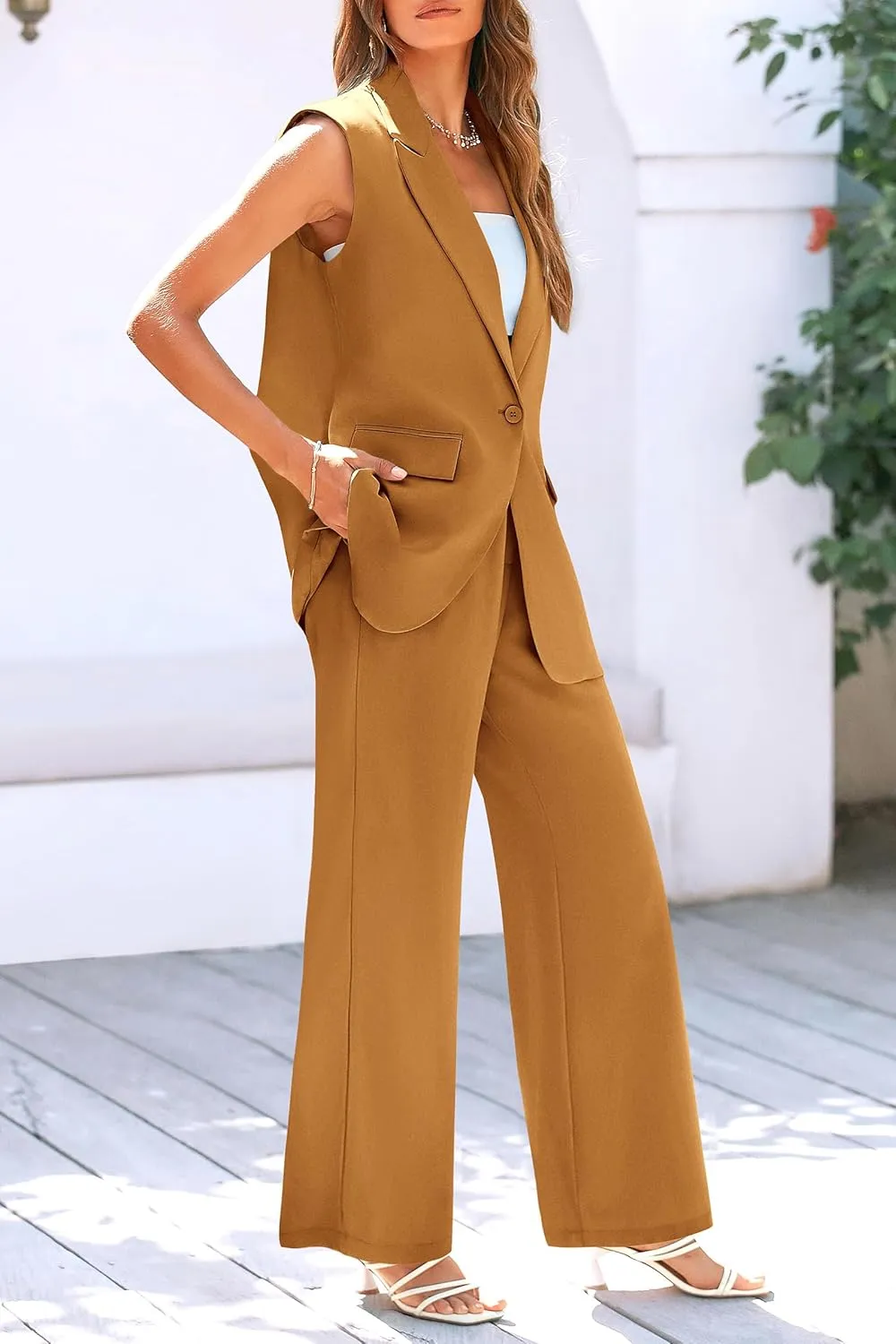 PRETTYGARDEN Women's 2 Piece Outfits Sleeveless Suit Vest and Wide Leg Pants Business Casual Blazer Sets
