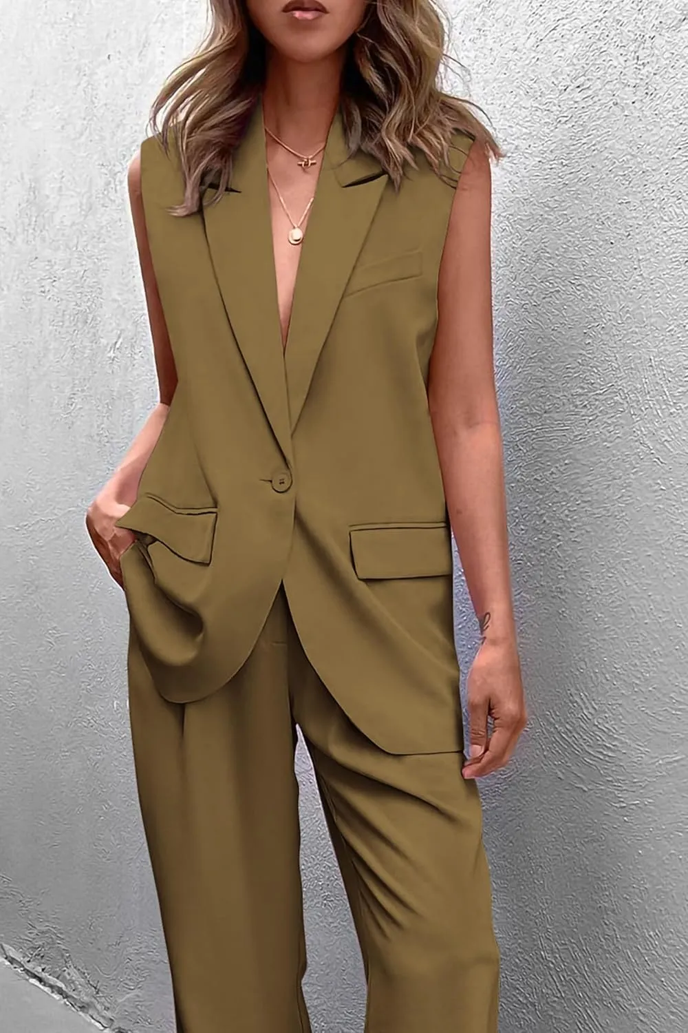 PRETTYGARDEN Women's 2 Piece Outfits Sleeveless Suit Vest and Wide Leg Pants Business Casual Blazer Sets
