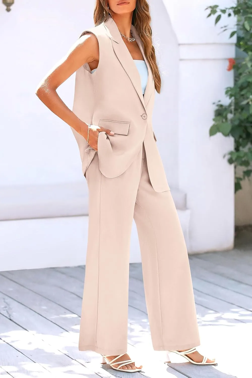 PRETTYGARDEN Women's 2 Piece Outfits Sleeveless Suit Vest and Wide Leg Pants Business Casual Blazer Sets