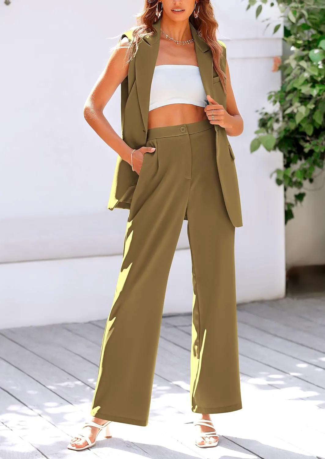 PRETTYGARDEN Women's 2 Piece Outfits Sleeveless Suit Vest and Wide Leg Pants Business Casual Blazer Sets