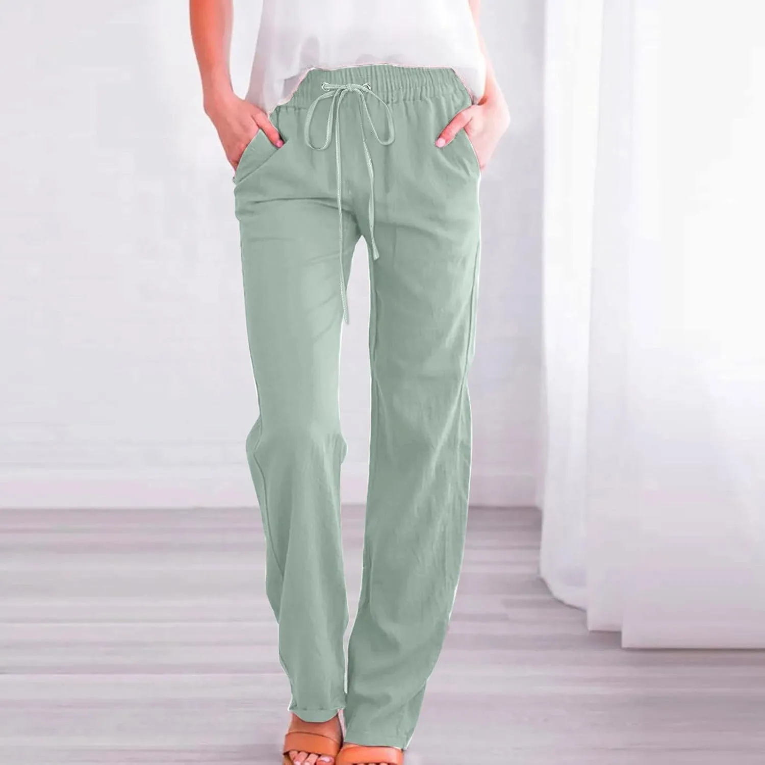 PTOLOCIF Flowy Pants for Women,Casual Cotton Linen Pants Lightweight Summer Pants Loose Fit Elastic Waist Lounge Pants