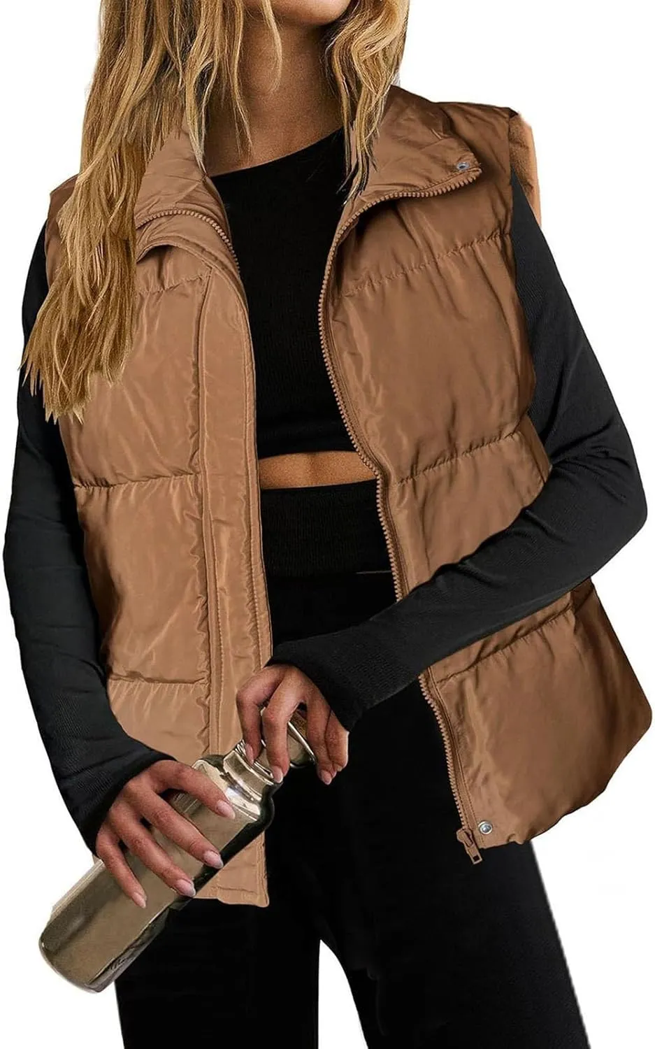 Quilted Vest for Women Lightweight Puffer Vest Warm Winter Coat Full Zip Down Vest Casual Stand Collar Jackets