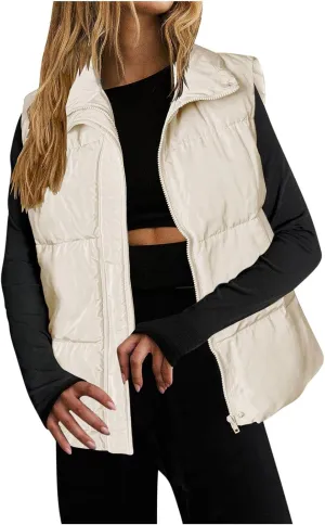 Quilted Vest for Women Lightweight Puffer Vest Warm Winter Coat Full Zip Down Vest Casual Stand Collar Jackets