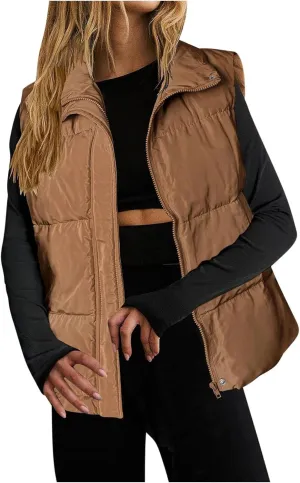 Quilted Vest for Women Lightweight Puffer Vest Warm Winter Coat Full Zip Down Vest Casual Stand Collar Jackets