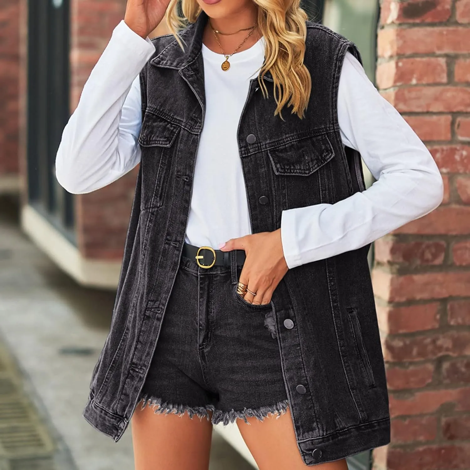 Quilted Vest Women Woman Denim Vest Fashion Medium Long Coat Turn Down Coat Sleeveless Denim Jacket Winter Coats