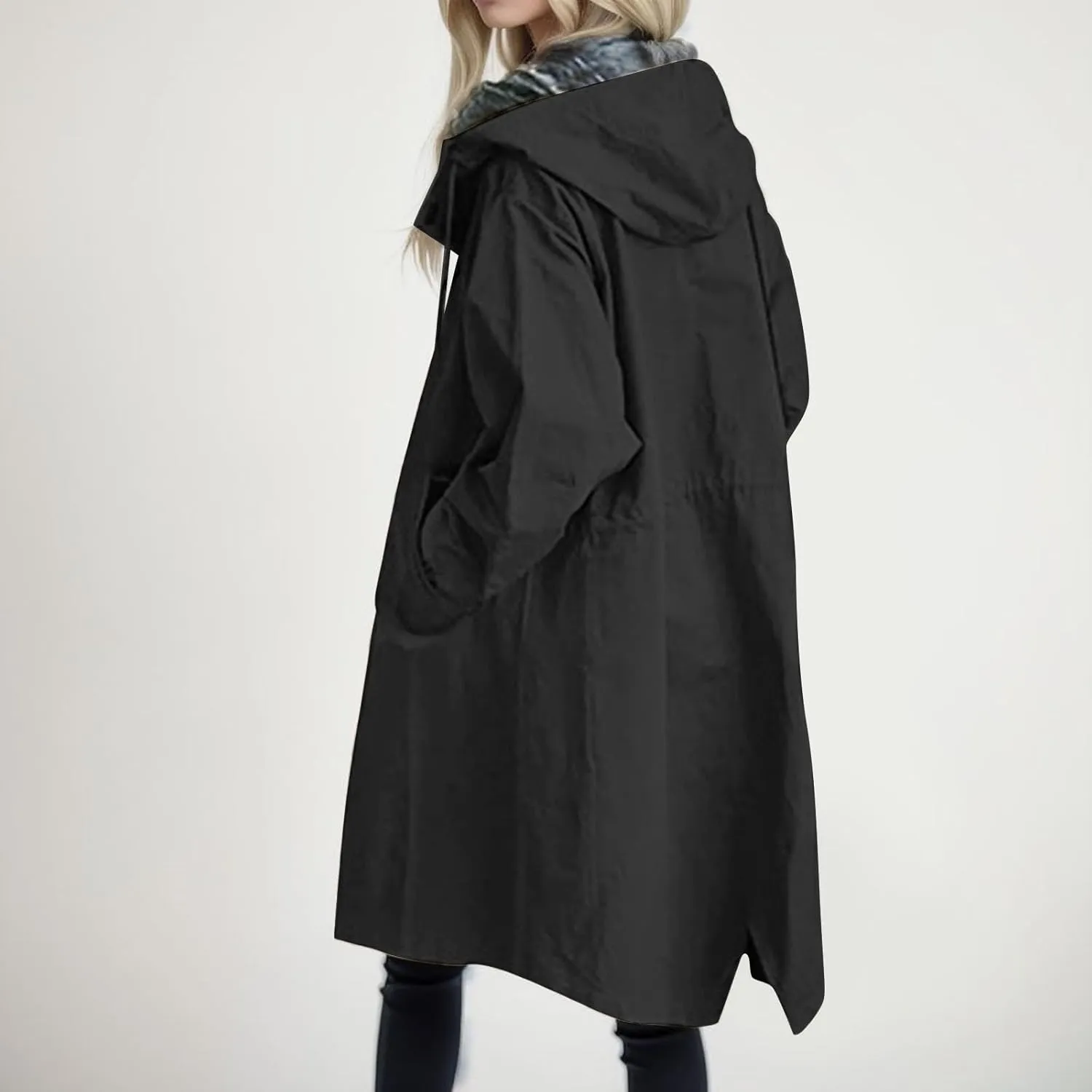 Rain Jacket For Women Plus Size Long Raincoat Lightweight Hooded Windbreaker Trench Coat Tops with Pockets