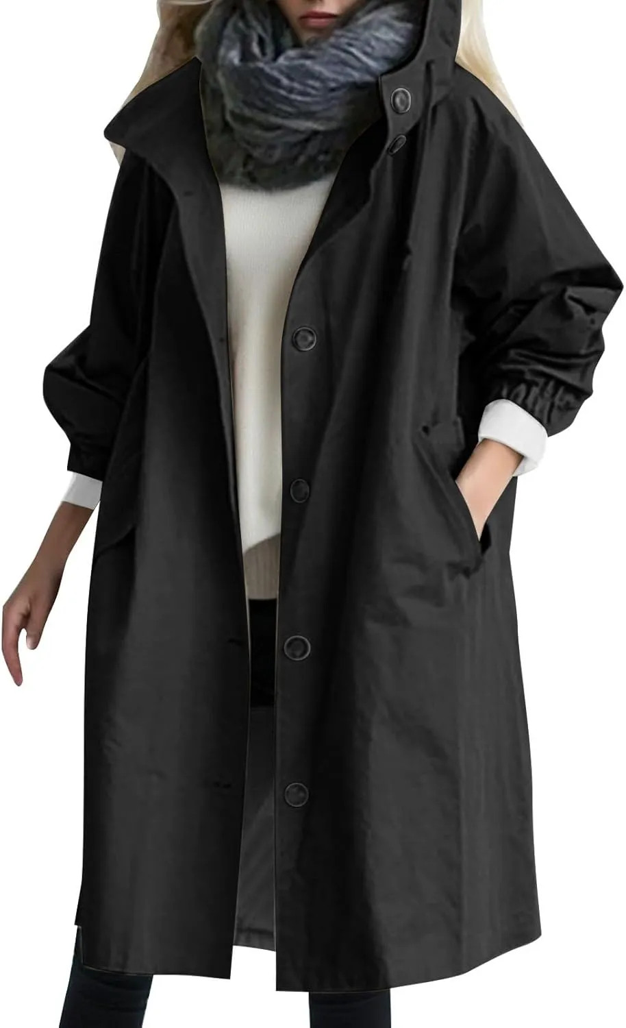 Rain Jacket For Women Plus Size Long Raincoat Lightweight Hooded Windbreaker Trench Coat Tops with Pockets