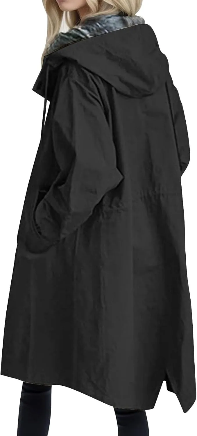 Rain Jacket For Women Plus Size Long Raincoat Lightweight Hooded Windbreaker Trench Coat Tops with Pockets