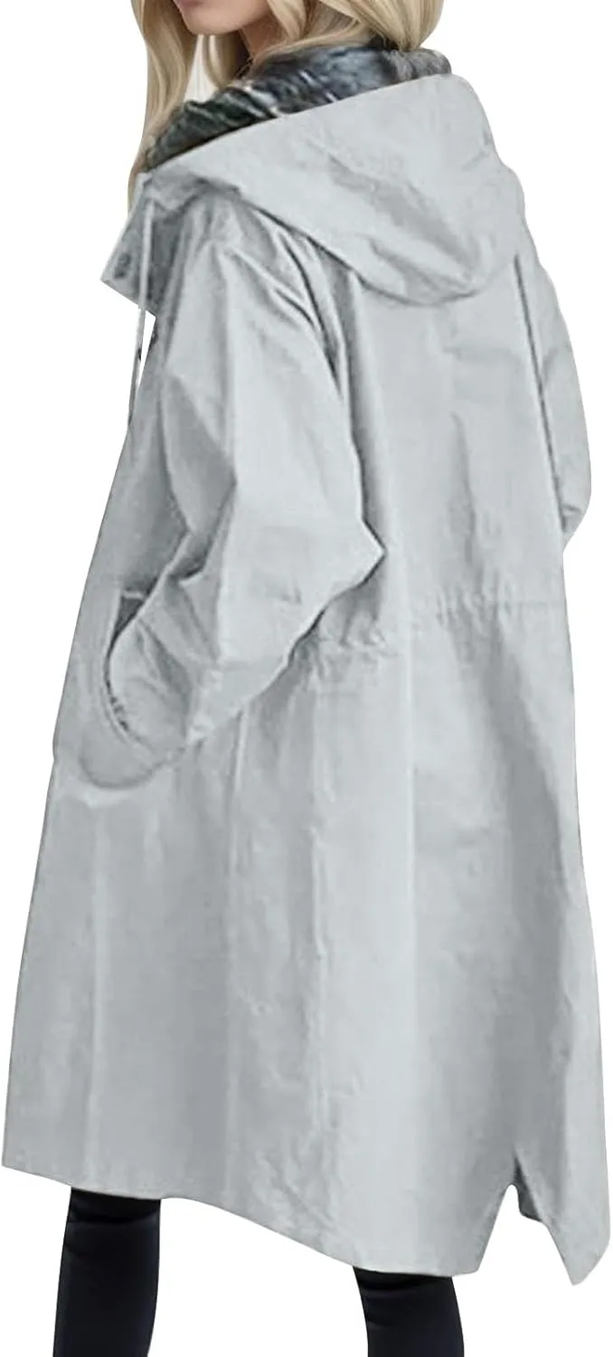 Rain Jacket For Women Plus Size Long Raincoat Lightweight Hooded Windbreaker Trench Coat Tops with Pockets
