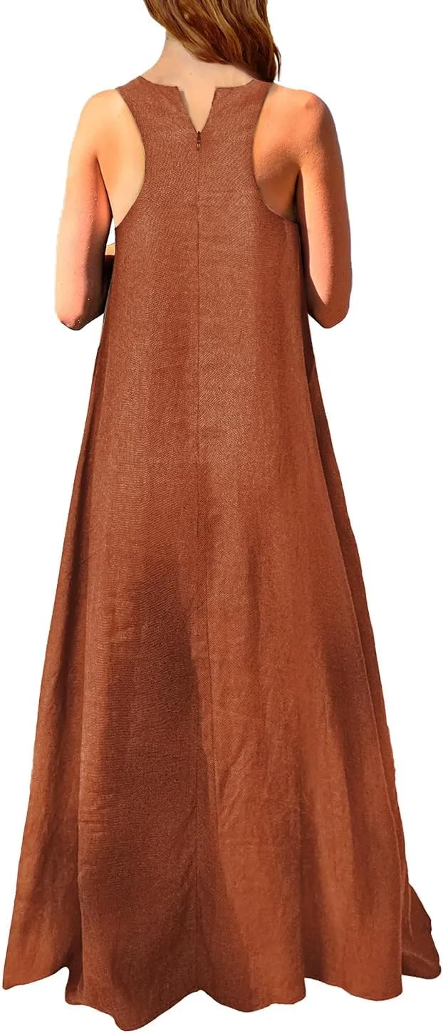 Rainday Women's Linen Dress Sleeveness Loose Dresses Casual Maxi Dress with Pockets