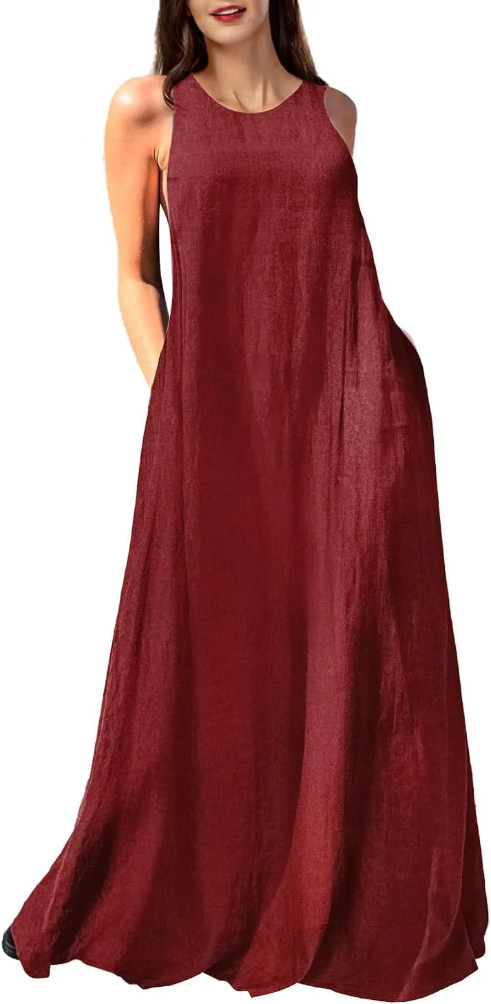 Rainday Women's Linen Dress Sleeveness Loose Dresses Casual Maxi Dress with Pockets