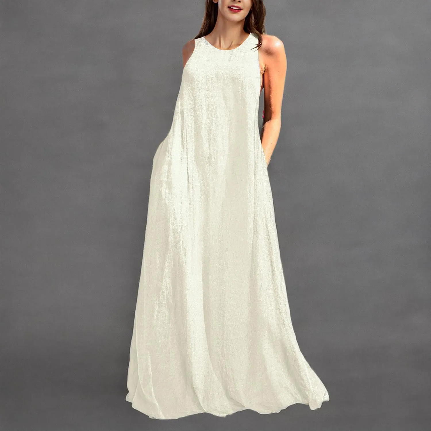 Rainday Women's Linen Dress Sleeveness Loose Dresses Casual Maxi Dress with Pockets