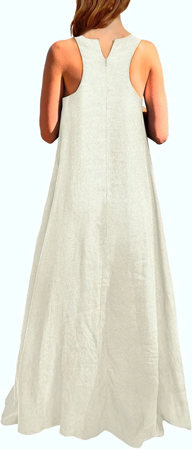 Rainday Women's Linen Dress Sleeveness Loose Dresses Casual Maxi Dress with Pockets