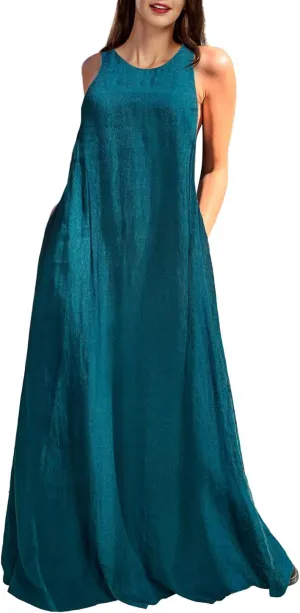 Rainday Women's Linen Dress Sleeveness Loose Dresses Casual Maxi Dress with Pockets
