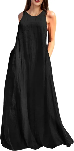 Rainday Women's Linen Dress Sleeveness Loose Dresses Casual Maxi Dress with Pockets