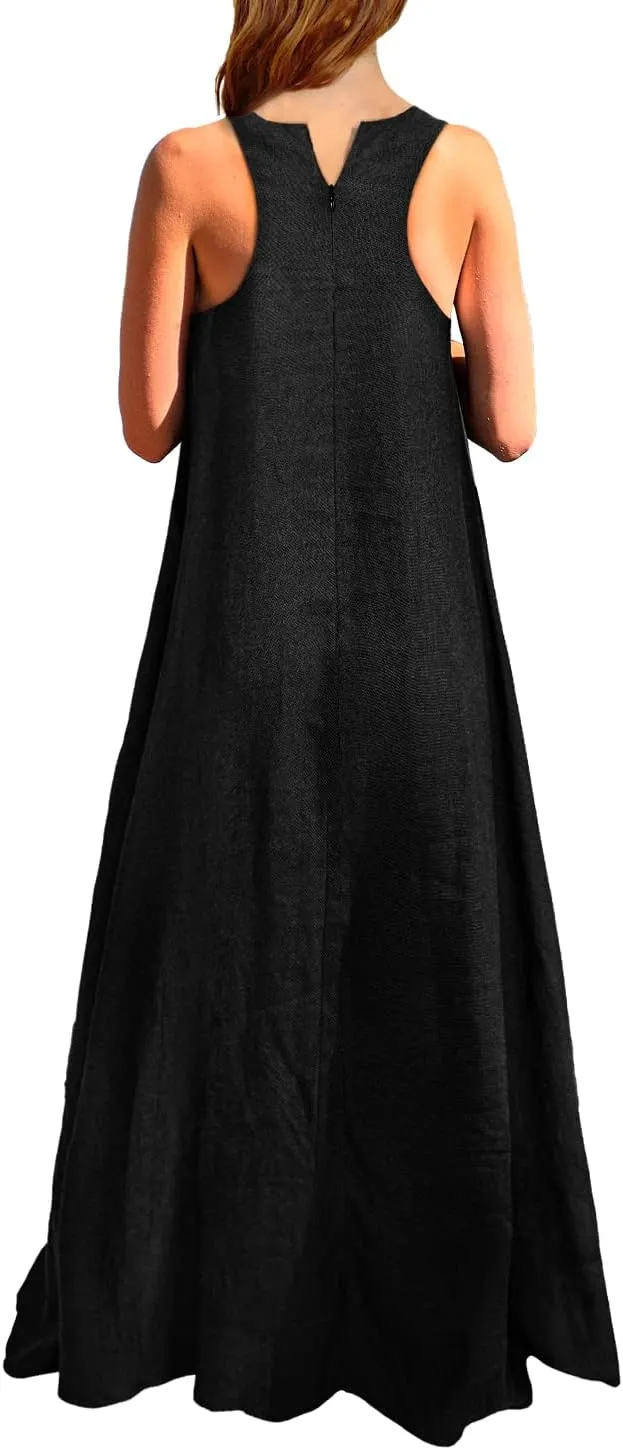 Rainday Women's Linen Dress Sleeveness Loose Dresses Casual Maxi Dress with Pockets