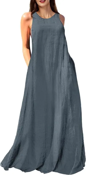 Rainday Women's Linen Dress Sleeveness Loose Dresses Casual Maxi Dress with Pockets