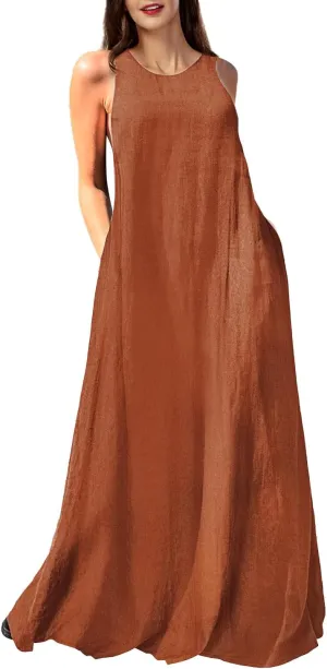 Rainday Women's Linen Dress Sleeveness Loose Dresses Casual Maxi Dress with Pockets