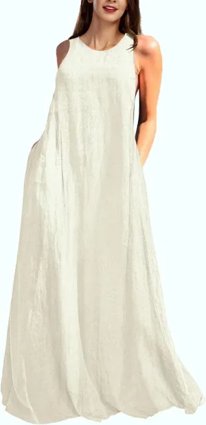 Rainday Women's Linen Dress Sleeveness Loose Dresses Casual Maxi Dress with Pockets