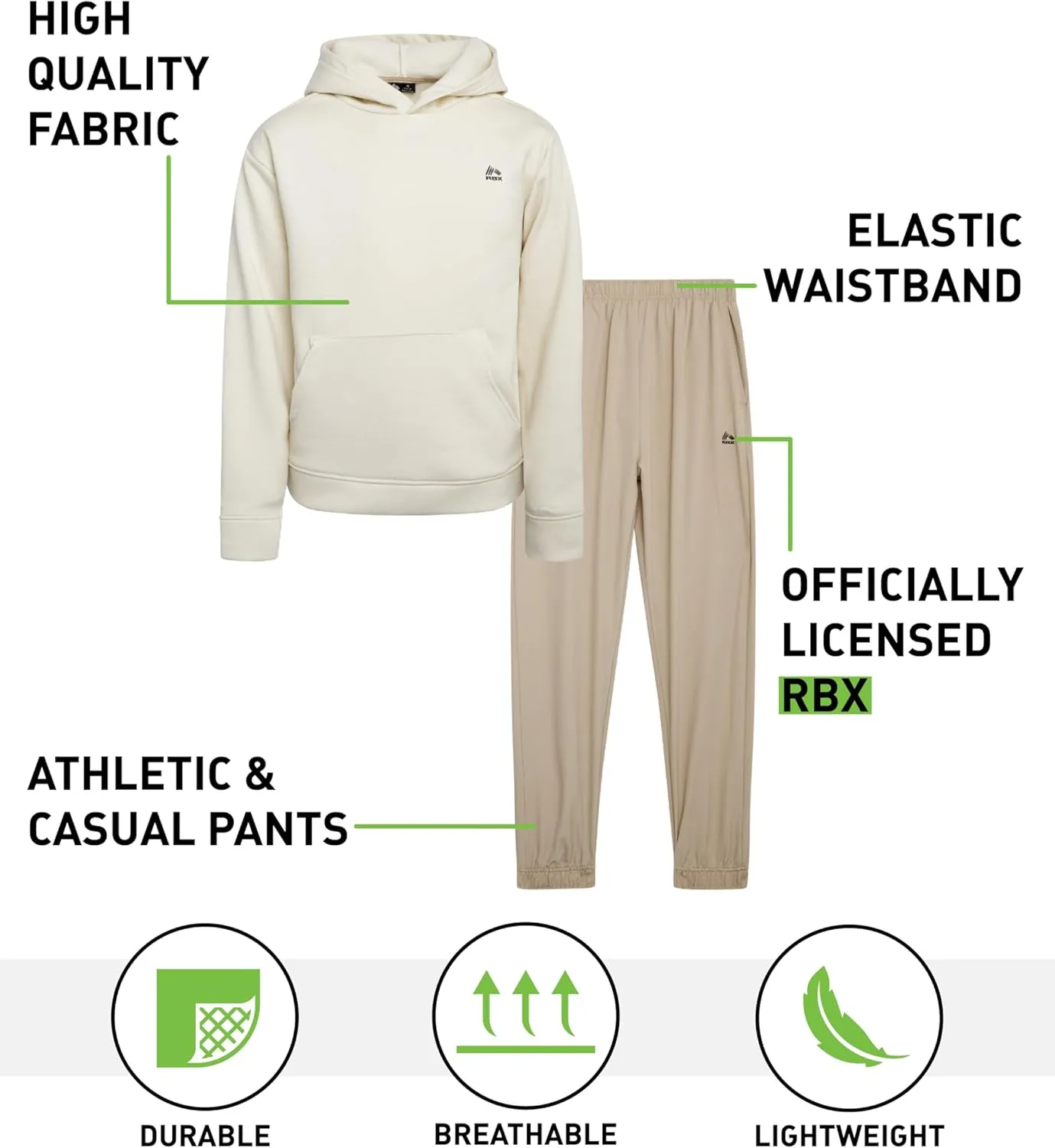 RBX Boys' Pants Set - 2 Piece Fleece Hoodie Sweatshirt and Hybrid Tech Jogger Pants - Casual Clothing Set for Boys (8-12)