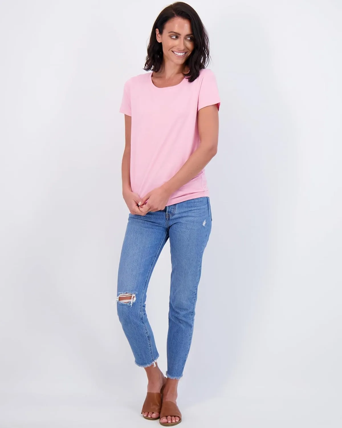 Real Essentials 4 Pack: Women's Classic-Fit Cotton Short-Sleeve Scoop Crew Neck T-Shirt (Available in Plus Size)
