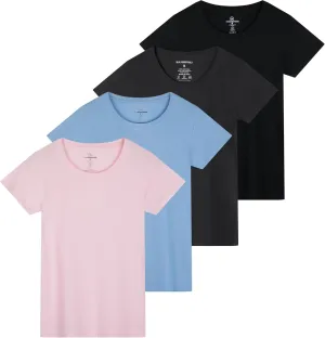 Real Essentials 4 Pack: Women's Classic-Fit Cotton Short-Sleeve Scoop Crew Neck T-Shirt (Available in Plus Size)