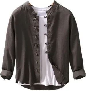Retro Long Sleeve Linen Shirt Men Plus Size Stand Collar Top Clothes