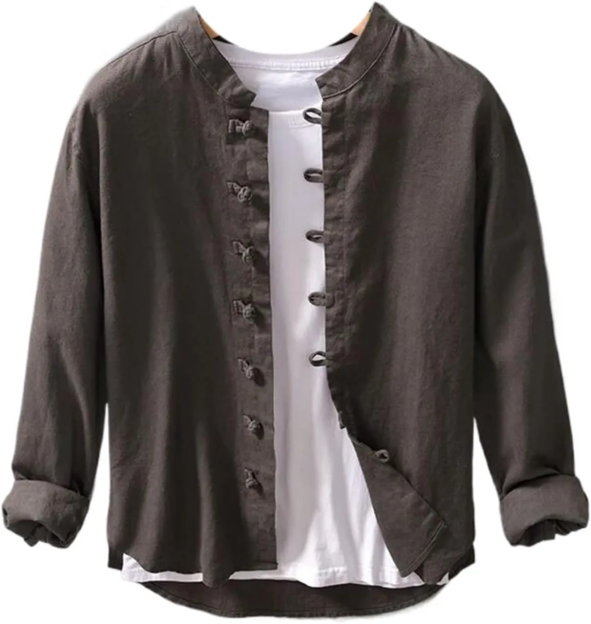 Retro Long Sleeve Linen Shirt Men Plus Size Stand Collar Top Clothes