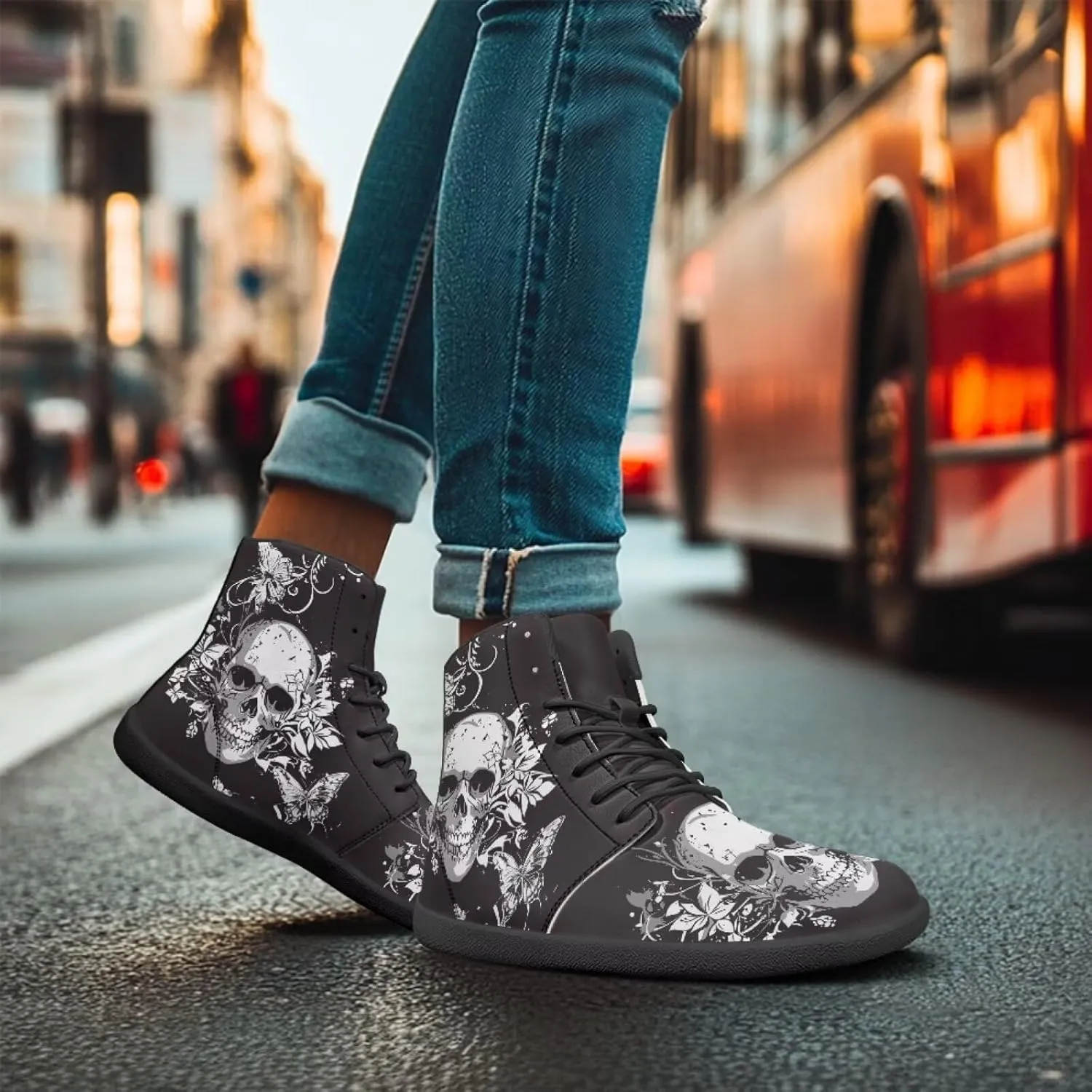 Retro Skull Women's Minimalist Barefoot Shoes High Top Zero Drop Sole Wide Width Fashion Sneaker Non Slip