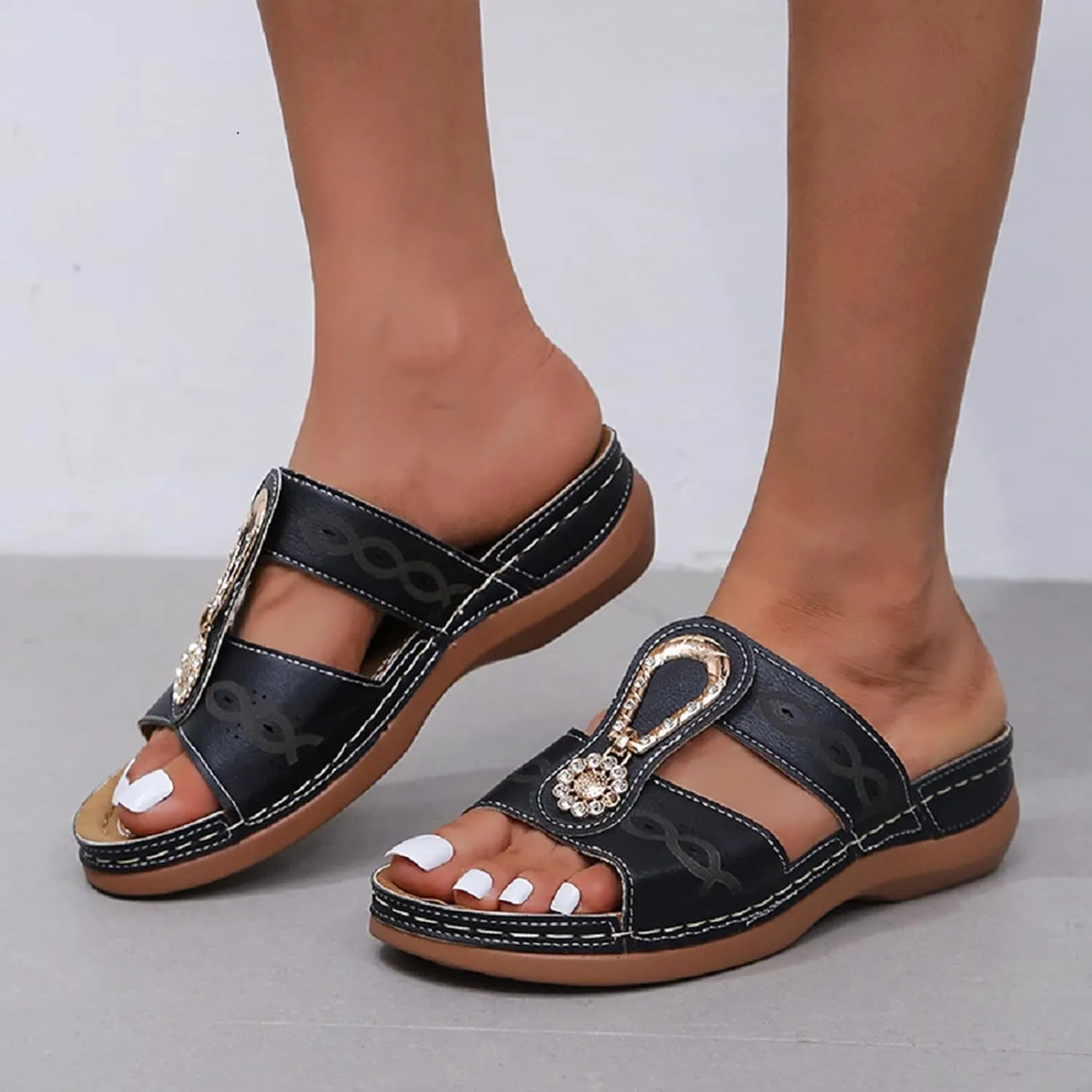 SBGMoSJ Womens Flip Flops for Plantar Fasciitis Heel Pain Summer Sandals for Women 2024 Flat Black Work Wedges for Women Comfortable Recovery Slides Men Orthopedic Shoes Men Closed Sandals for Women
