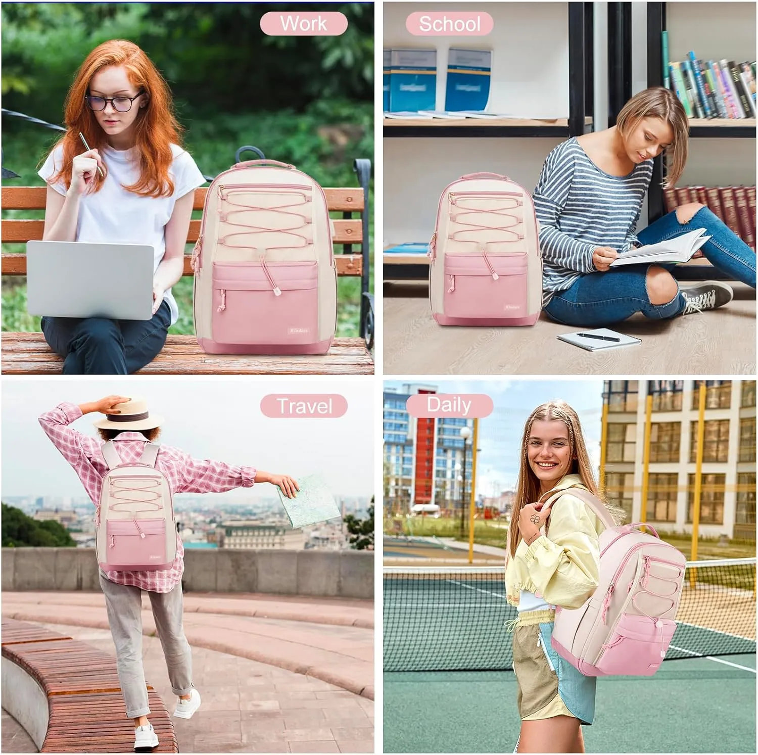 School Backpack for Teens Girls, Aesthetic College Backpack Large Bookbag for Women Students Fashion 15.6 Inch Laptop Bag for Work Travel (Pink Beige)