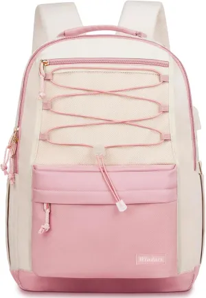 School Backpack for Teens Girls, Aesthetic College Backpack Large Bookbag for Women Students Fashion 15.6 Inch Laptop Bag for Work Travel (Pink Beige)