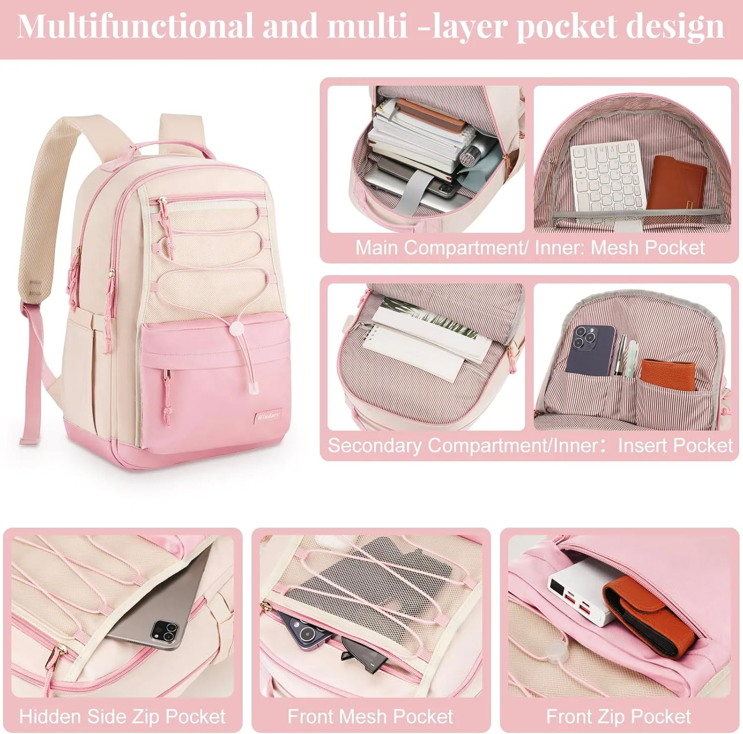 School Backpack for Teens Girls, Aesthetic College Backpack Large Bookbag for Women Students Fashion 15.6 Inch Laptop Bag for Work Travel (Pink Beige)